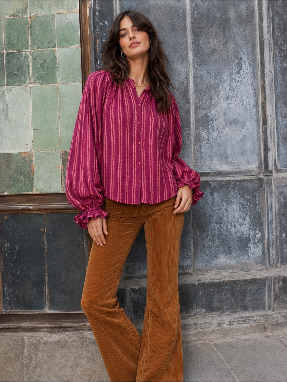FRNCH Paris NWT Combaya Fuchsia Striped Blouse, Size S